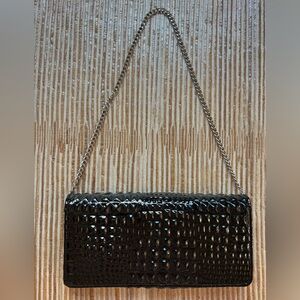Black Croc-Embossed Clutch with Chain Strap